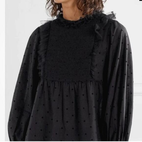 THE GREAT. The Portrait Tulle Flocked Cotton Voile Smocked Blouse Black Medium - Picture 3 of 10